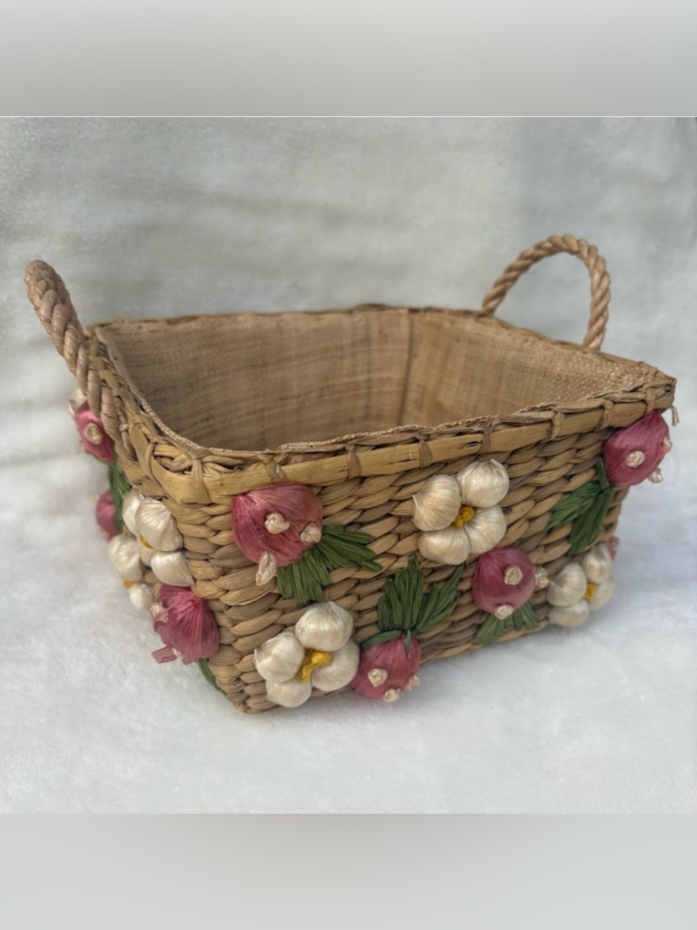 Vintage Handmade Straw Basket w/ Strawberry & Floral with Raffia Trim Handles